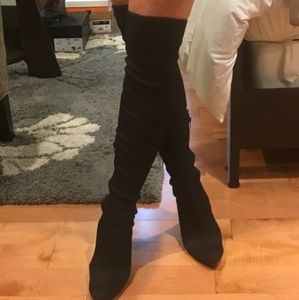 NINE WEST, SINISTER, Sz. 7 1/2, Over The Knee, Point Toe, Black, Stilletto Heel